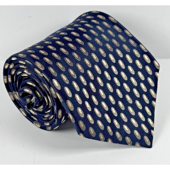 Paul Smith Tie Silk Made in England Navy Blue Metallic Champagne Oval Geometric - Picture 11 of 11